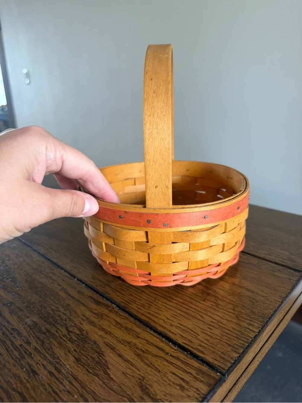 Longaberger Woven Basket With Red Trim And Bottom With Handle Marked Signed